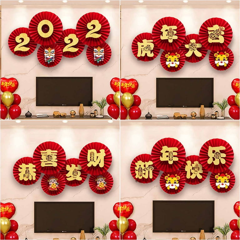 6pcs 2022 Chinese New Year Paper Fans Spring Festival Paper