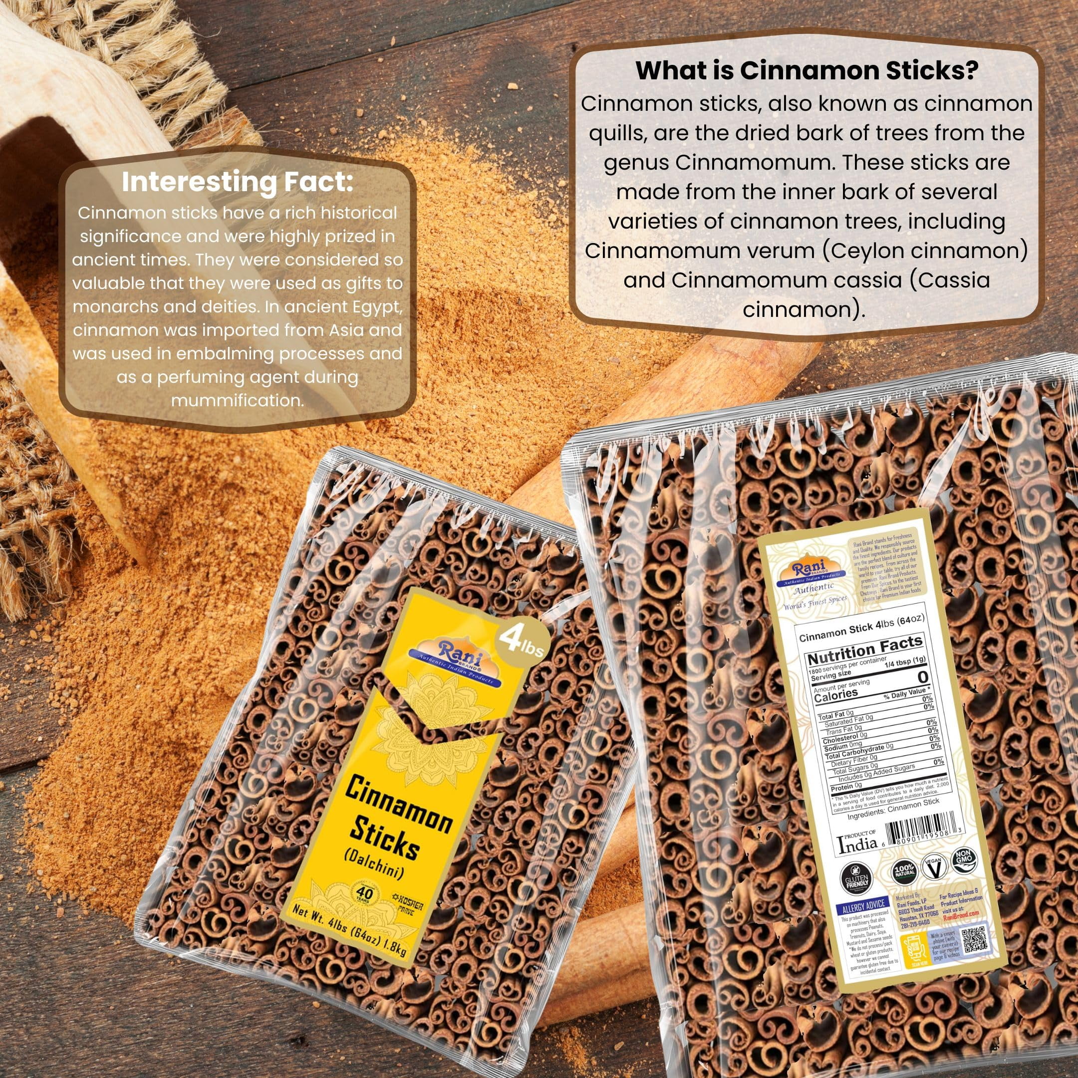 Rani Cinnamon Sticks 64oz (4lbs) 1.81kg Bulk Bag - 350-400 Sticks - Strong Aroma, Perfect for Baking, Cooking & Beverages | 3+ Inches Length - Cassia Saigon Cinnamon from Vietnam | Kosher