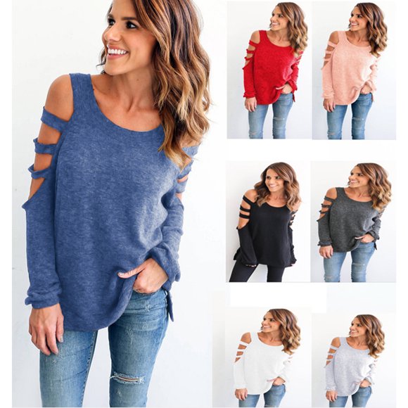 Tralilbee Nouvelle Mode Tout-Match Manches Longues Femmes Col Rond Déchiré Manches Longues Chemise en Vrac Casual Sexy Vent Haut T-Shirt