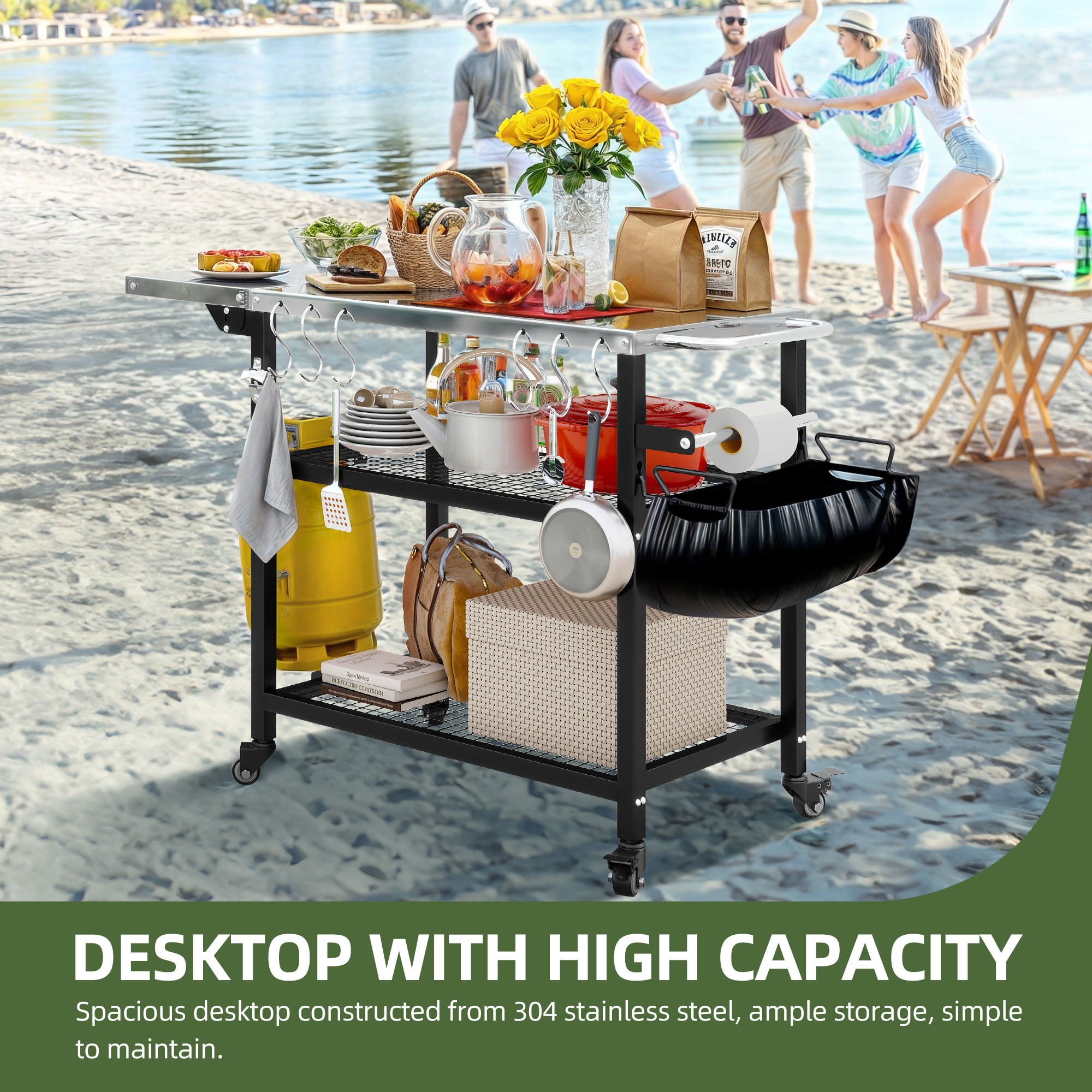 Uforic Rolling Outdoor Grill Table with Wheels, 3-Shelf Pizza Oven Cart and Folding Extension Board