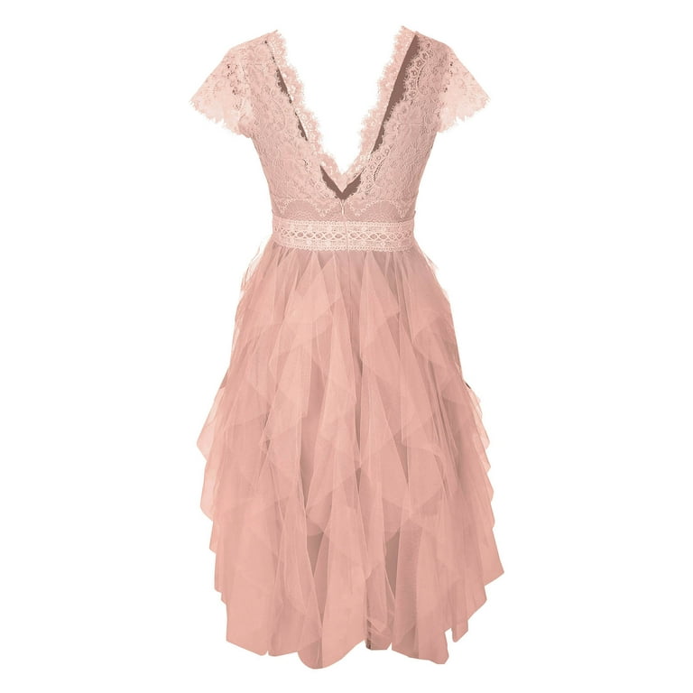 symoid Juniors Dresses- Dress Dress Beach Pink XL Dress Sleeve Sun Dress Elastic Embroidery Flowy Mini Summer Ruffled Flowers Dress Waist Crew-Neck Short Solid Lace