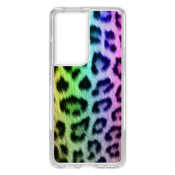 DistinctInk Clear Shockproof Hybrid Case for Galaxy S21 ULTRA 5G (6.8" Screen) - TPU Bumper, Acrylic Back, Tempered Glass Screen Protector - Rainbow Leopard Cheetah Fur Print