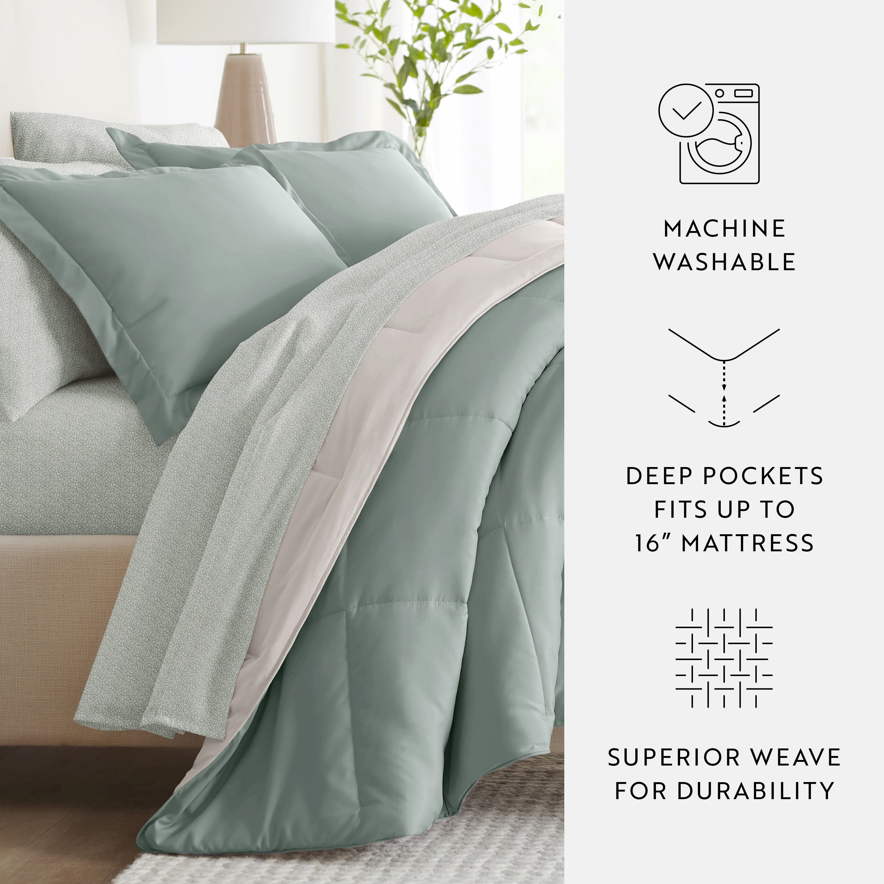 Noble Linens 7 Piece Bedding Bundle, Reversible Comforter and Patterned Sheet Set, Full