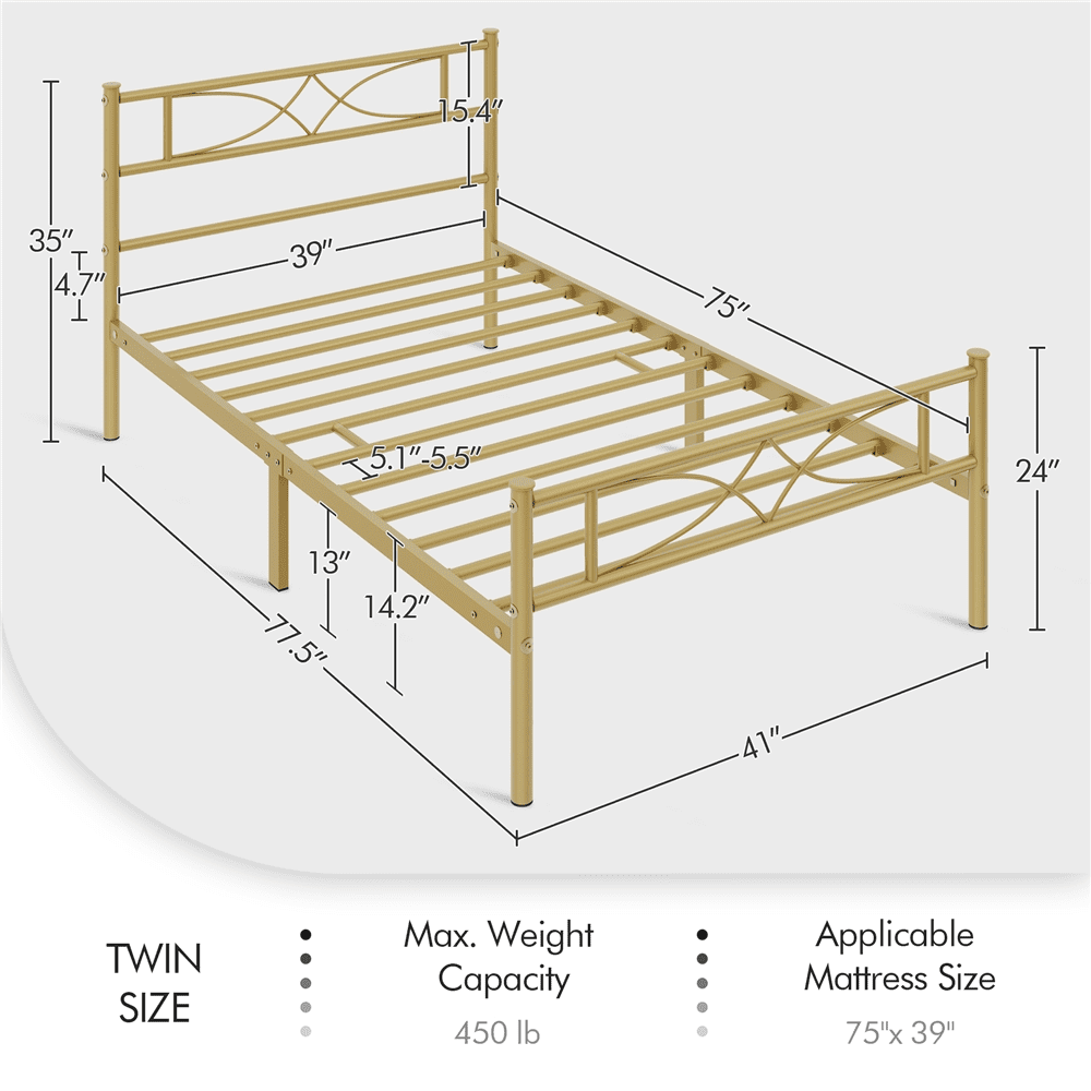 Renwick Twin Size Curved Design Metal Platform Bed, Adult, Antique Gold