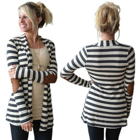 - Womens Stripe Cardigan Coat Sweater Collarless Long line Slim Sweatershirt Outwear Long Sleeve Tops