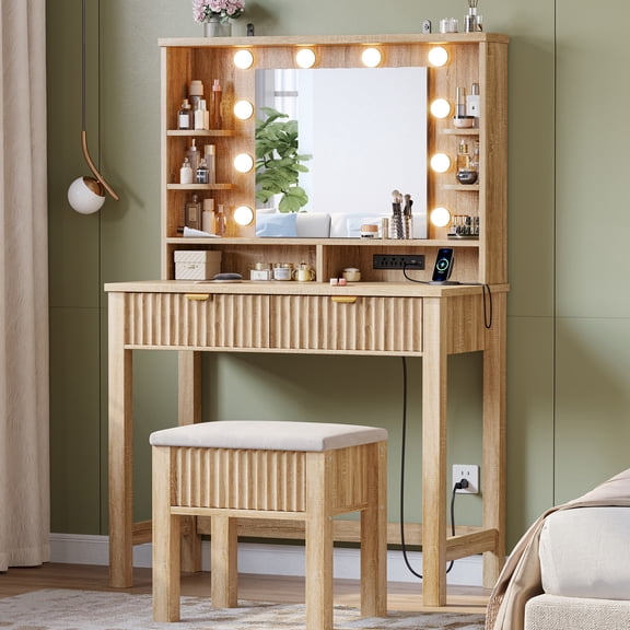 Vanity Desk with Storage Stool Fluted Dressing Table with Mirror and 3-Color Lights Small Vanity with 2 Large Drawers & Charging Station, Wood Color