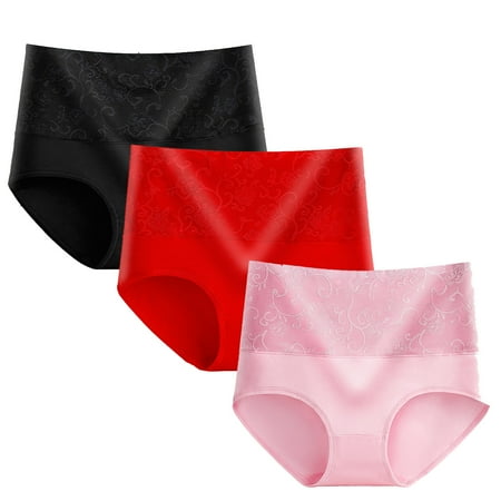 Odbmxy 3 PC Cotton Womens Panties Clearance Under $5 High Waisted Lace Women Brief Panties Solid Color Stretch Pink Panties