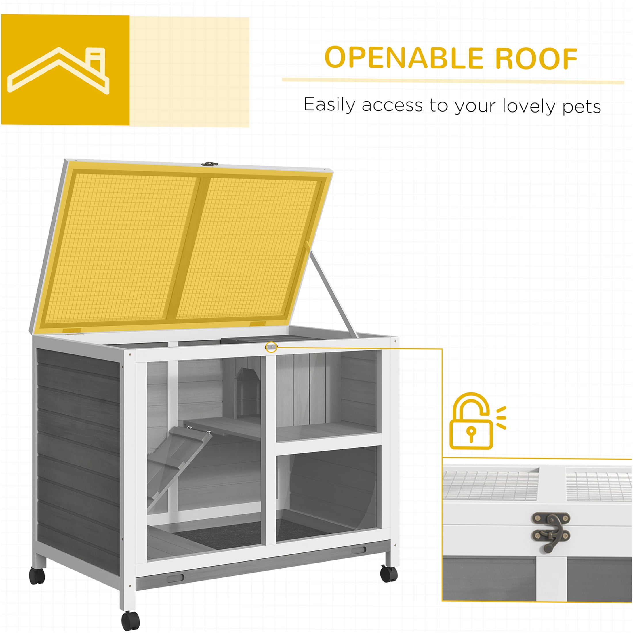 JERFIT 36" Rolling Rabbit Hutch with Wheels, Waterproof Wooden Bunny Cage Indoor, Portable Small Animal Home with Lockable Door & Leak-Proof Tray, Desk Side Table Size, Gray