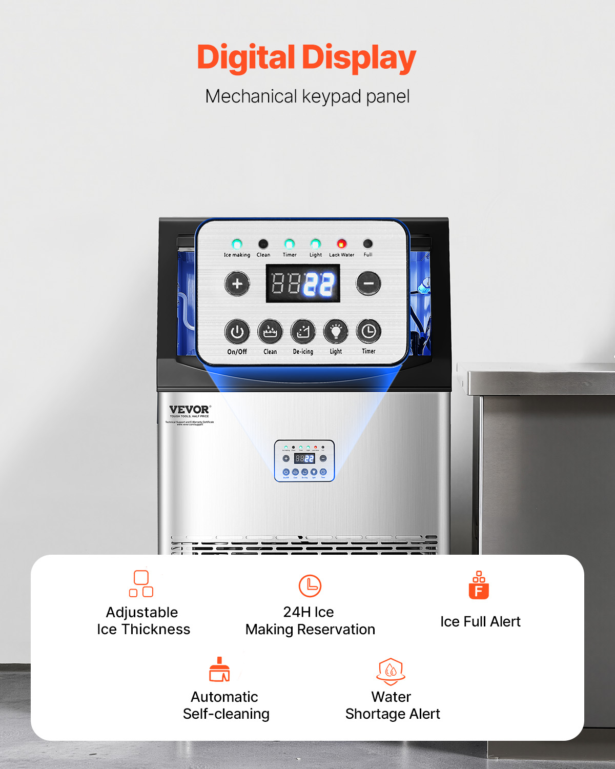 VEVOR Commercial Ice Maker Machine, 90lbs/24H Ice Maker Machine with 33lbs Storage Capacity, 50 Ice Cubes in 15 Minutes, LED Digital Display Freestanding Self-Cleaning