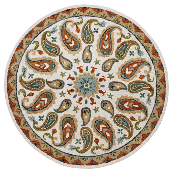 Laddha Home Designs 7' Orange and Blue Paisley Medallion Hand Hooked Round Wool Area Throw Rug