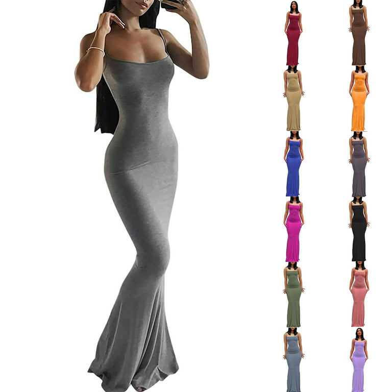ALSLIAO Women Spaghetti Straps Bodycon Sleeveless Long Slip Dresses  Cocktail Party Dress 