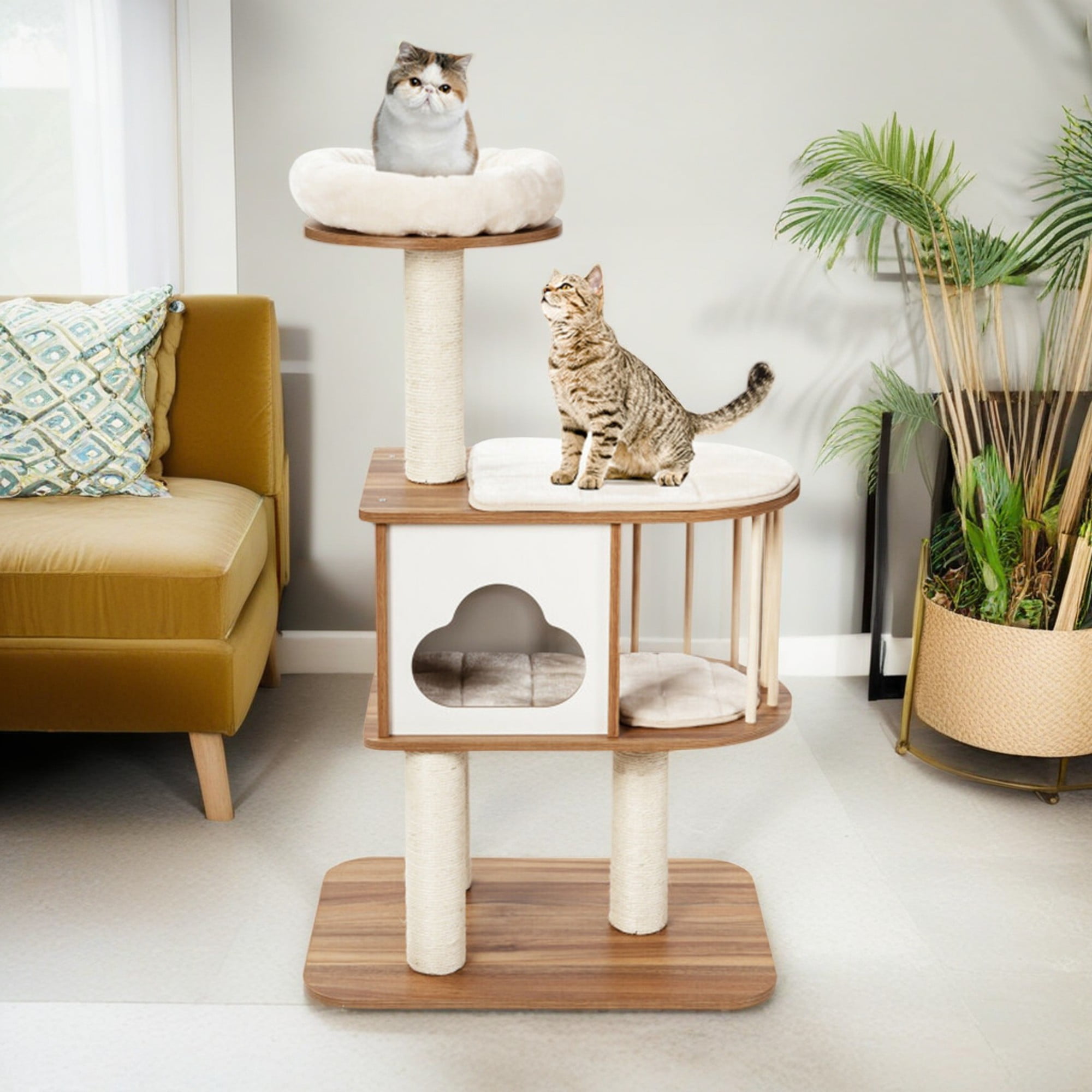 resenkos 46" Wood Cat Tree Tower Furniture, Cat Condo with Platform, Cushionsfor, Scratch Post for Kittens Cat Tree House, Brown