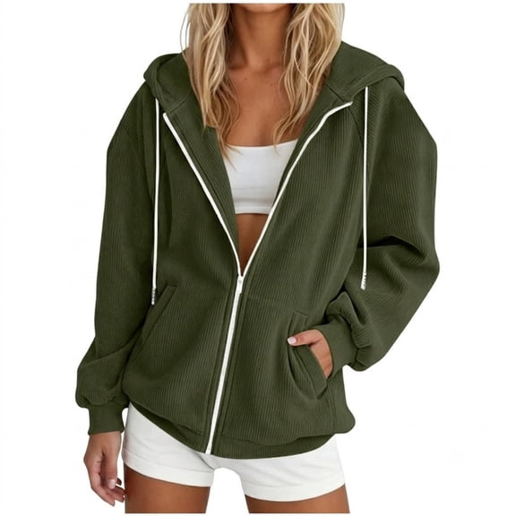 POROPL Sweatshirts for Women,Hoodies Corduroy Zip Up Hoodie Oversized Casual Long Sleeve Jacket with Pockets