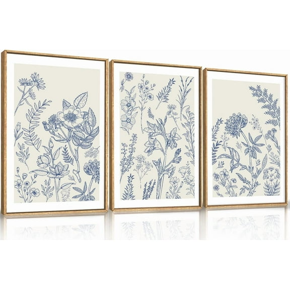 HPINUB Large Boho Wildflowers Canvas Framed Wall Art Set,Minimalist Vintage Flower Wall Decor,Beige Floral Botanical Artwork for Living Room Bedroom,Dining Room,Office -16"x24"x3
