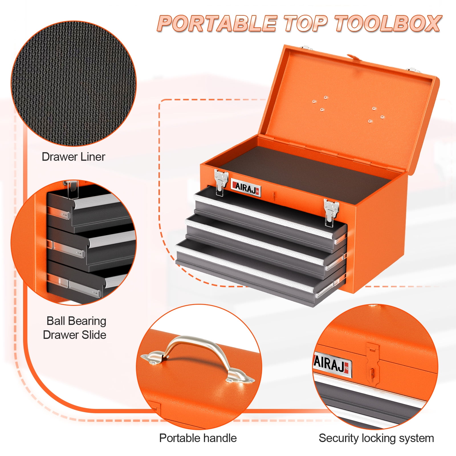 AIRAJ 40" 6-Drawer Rolling Tool Chest | Orange Metal Garage Storage Cabinet with Wheels & Detachable Tool Box Top