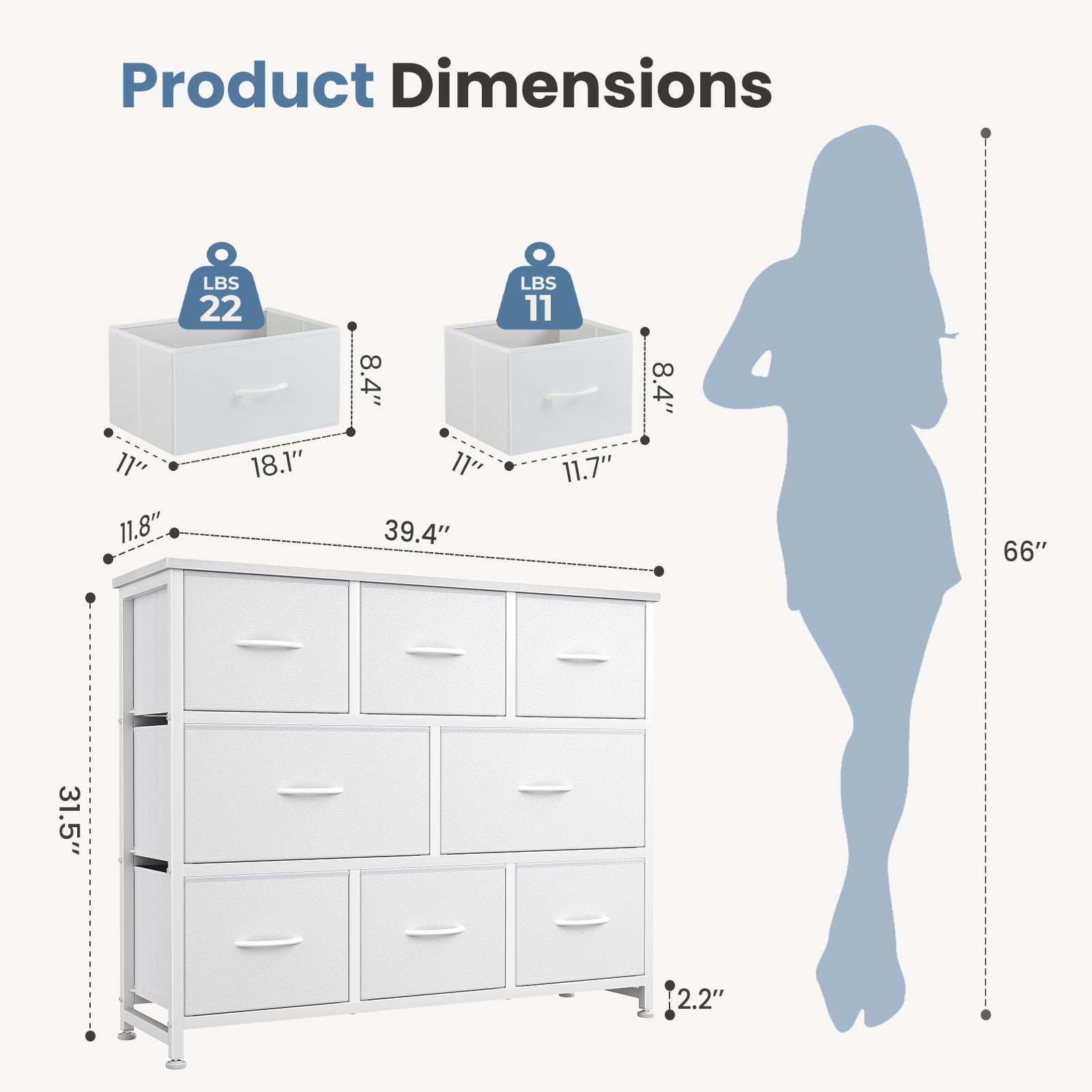 CONCETTA 8 Drawer Fabric Chest, Dresser for Bedroom, Wide Storage Tower for Closet, Living Room, Hallway, White