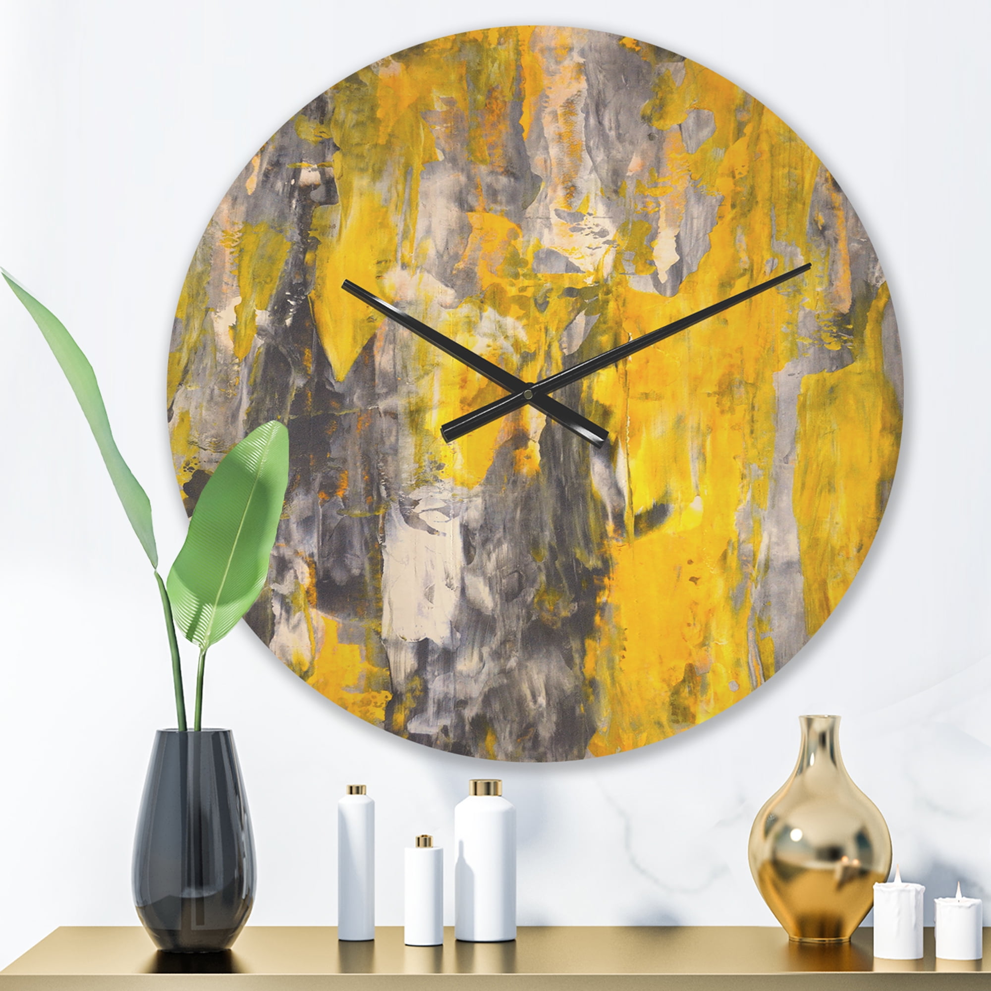 Designart 'Yellow and Grey Abstract Pattern' Modern Wood Wall Clock