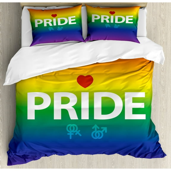 Pride King Size Duvet Cover Set, Abstract Vibrant Gay Rights Celebration Event with Gender Icons and a Cute Red Heart, Decorative 3 Piece Bedding Set with 2 Pillow Shams, Multicolor, by Ambesonne