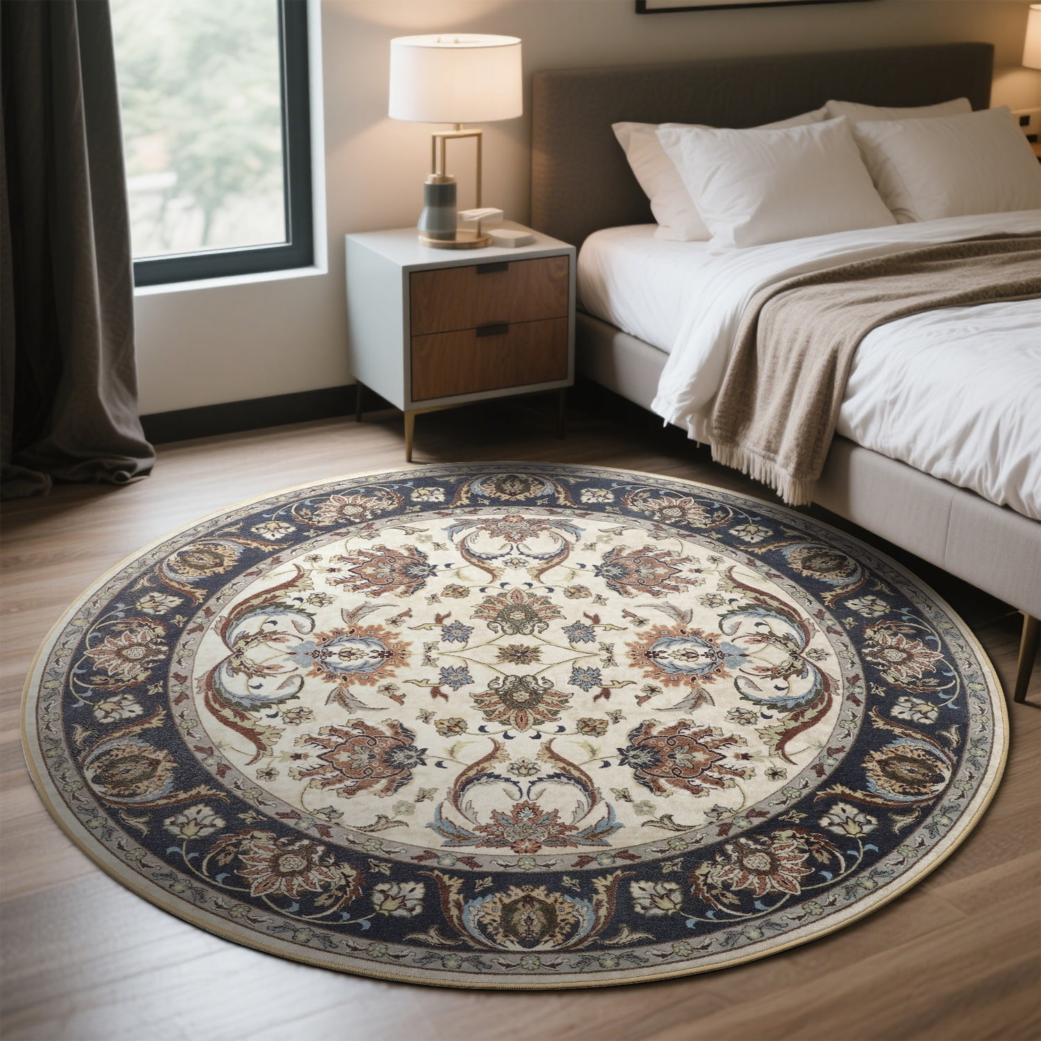 Cydiria Beige Round Persian Medallion Area Rug Floral Pattern Print Low-Pile Carpet for Living Room, 4' x 4'