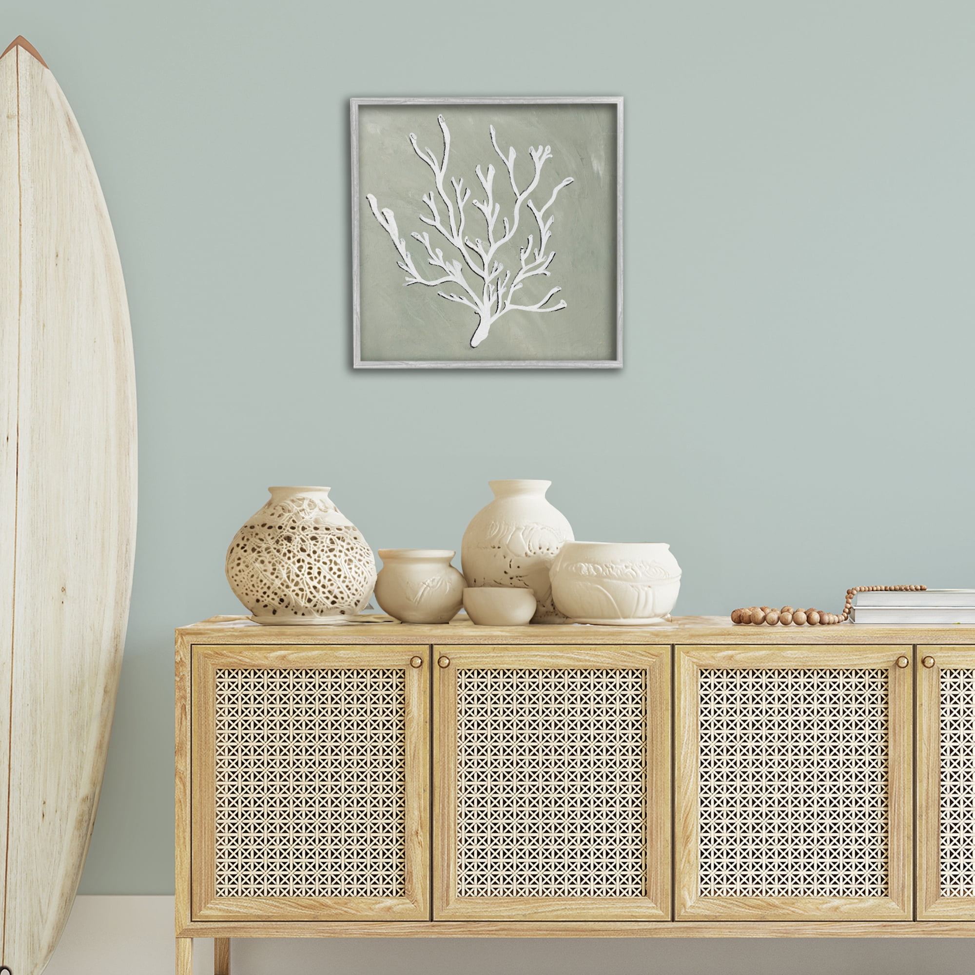 Stupell Industries White Coral Sprig Coastal Painting Gray Framed Art Print Wall Art, 24 x 24