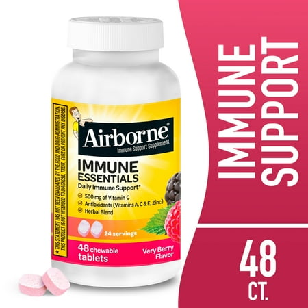 Airborne Immune Essentials Vitamin C & Zinc Chewable Tablets, Multivitamin Supplement, Very Berry Flavor, 48 ct
