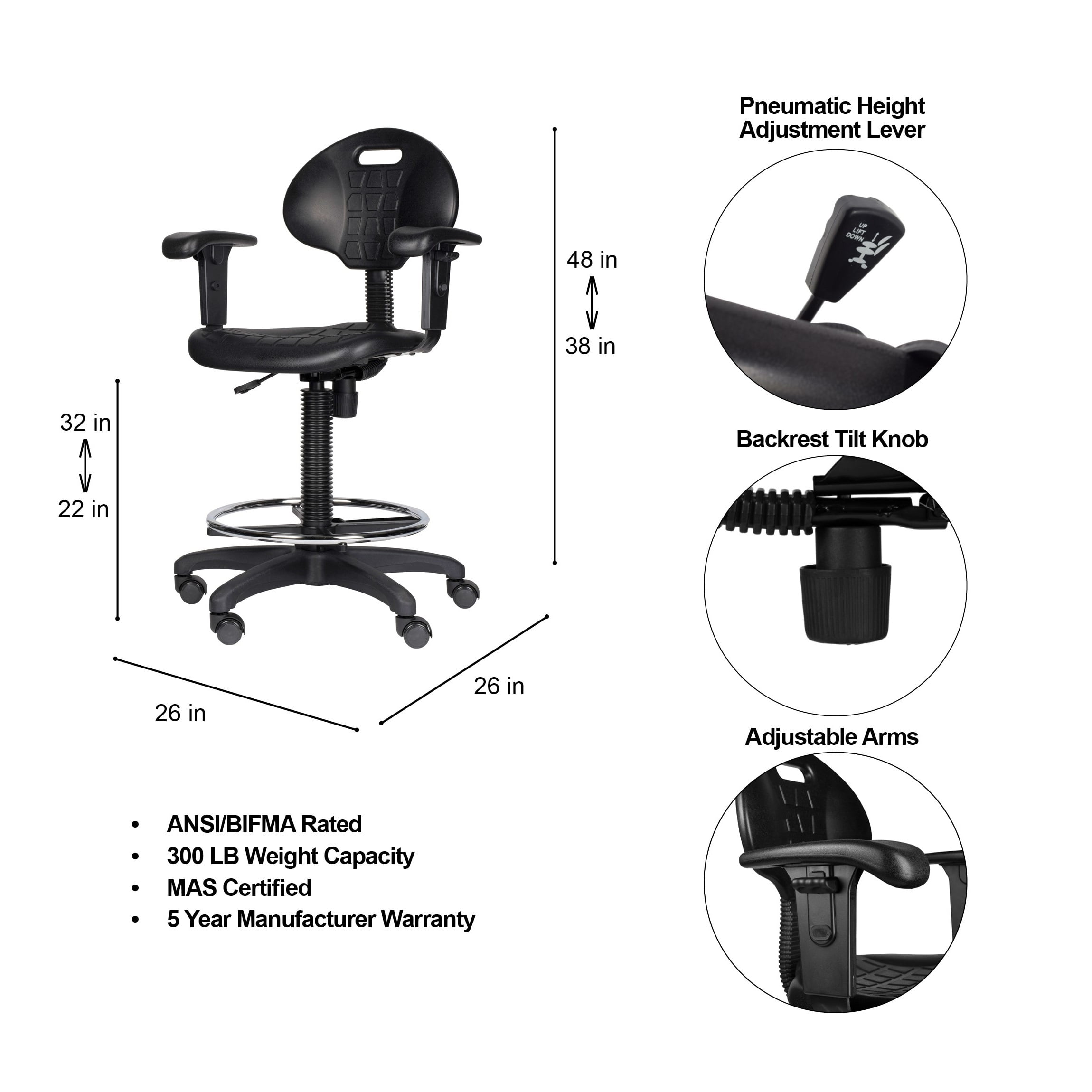 Hampden Furnishings Romulus Collection 22-32" Rolling Task Chair with Armrest, Black