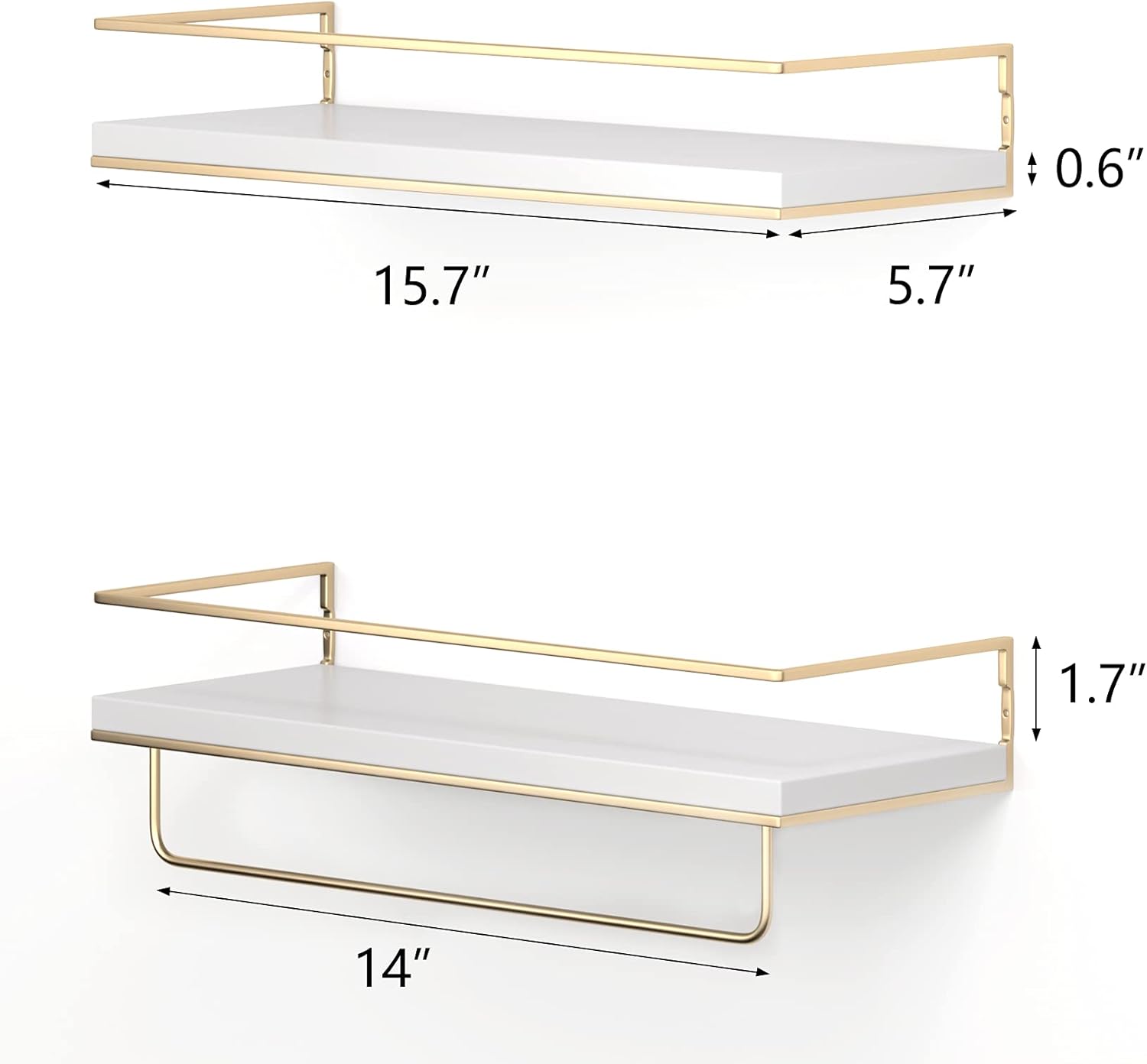LSFA White Gold Floating Storage Shelves Set of 2 with Towel Rack 15.7 Inch Decorative Wall Shelf