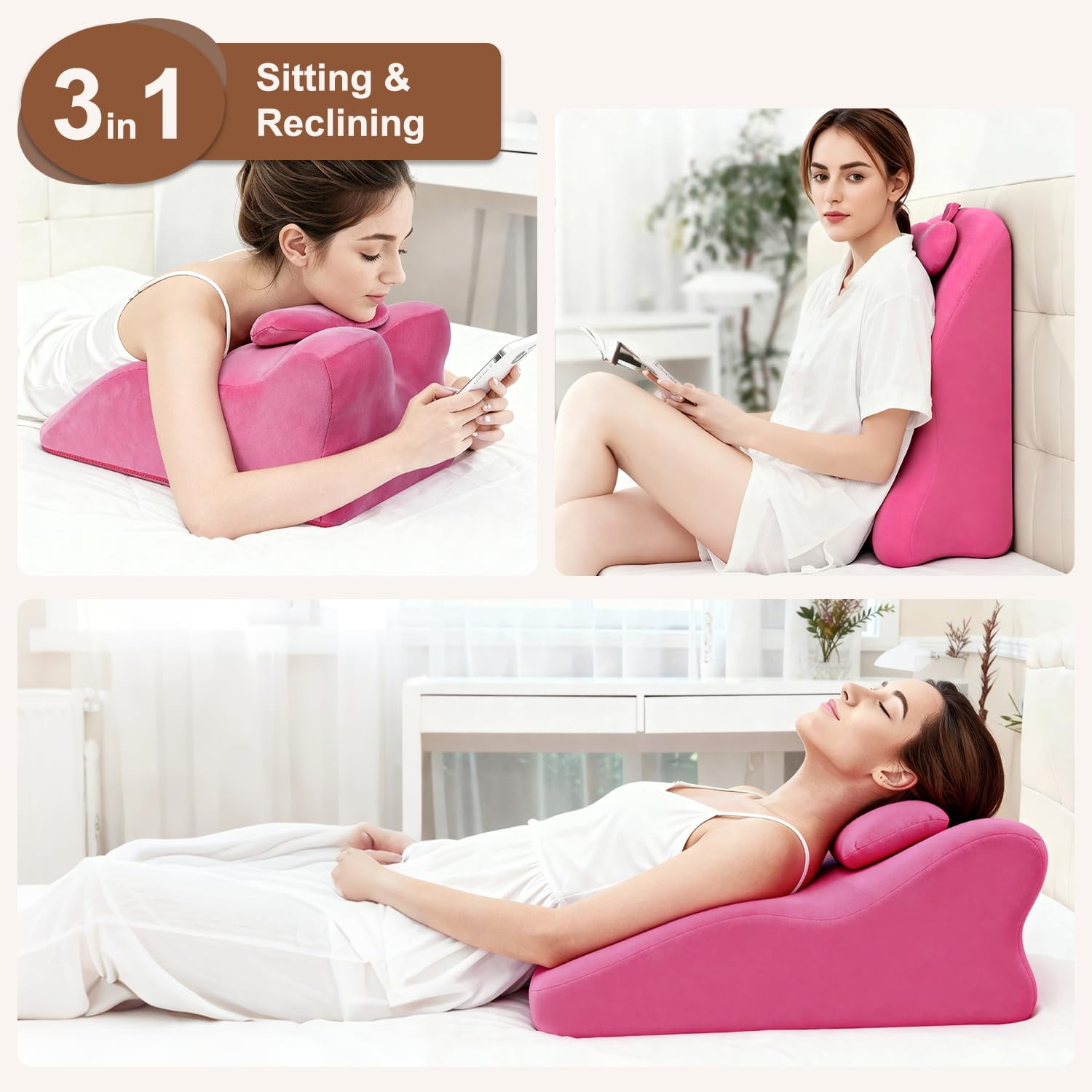 Memory Foam Ergonomic Wedge Pillow, Multi-Position Support Pillow, Ergonomic Support for Back Pain, Acid Reflux & Sitting Up, Ideal for Massage, with Removable Cover,40-Degree Angle Design (Pink)