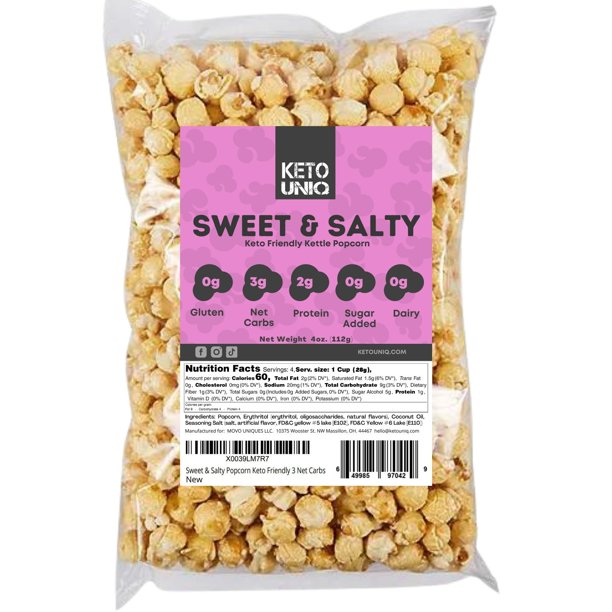 Keto Uniq's Sweet & Salty Popcorn Keto Friendly 3 Net Carbs 4 oz. Bag