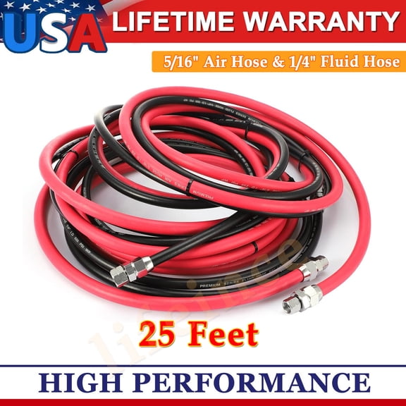 25 FT Air and Fluid Hose Assembly Kit For Pressure Pot Tanks, Spray Guns, Paint