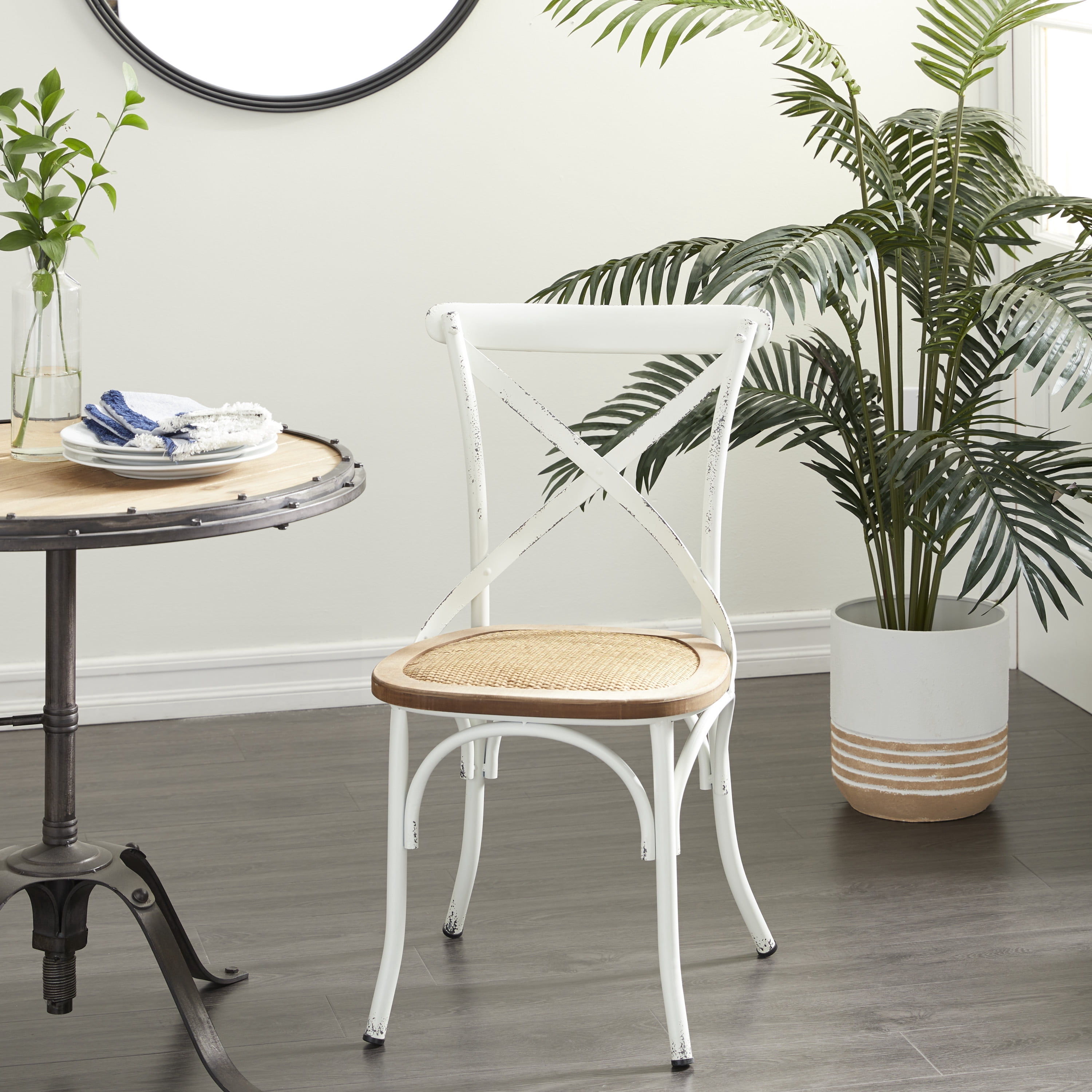 DecMode Metal Dining Chair with Brown Rattan Seat, Set of 2, White