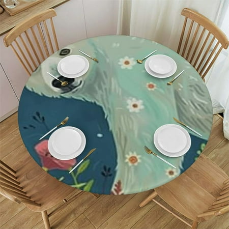 Green Sleeping Sloth with Leaves Round Fitted Tablecloth with Elastic Protector Table Kitchen Dinner Waterproof Oil-Proof Table Covers