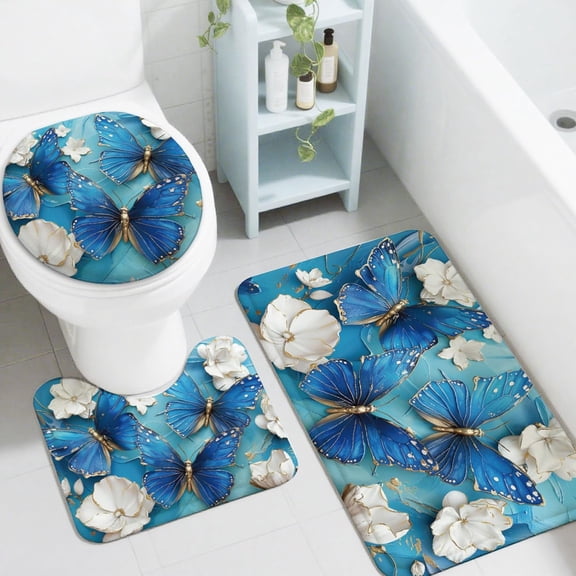Butterfly Bath Mats for Bathroom Rugs Sets 3 Piece with Toilet Lid Cover Non Slip Bath Rugs and Mats Sets Washable Toilet Carpet