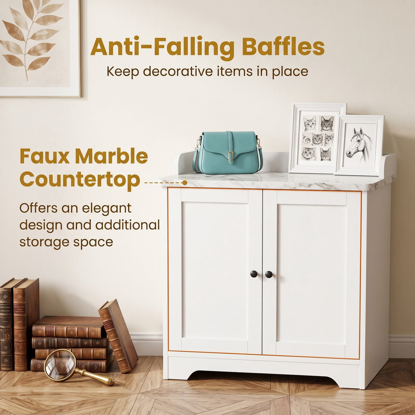 Furnibear 5-Tier Shoe Cabinet with Faux Marble Countertop and Flat Tilting Shelves for Entryway and Hallway, White and Gold