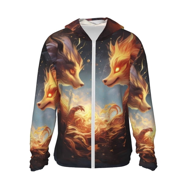 Fotbe Red And Gray Flame Fox Chaqueta con Protección Solar UPF 50+ para Hombre y Mujer, Camisa con Capucha y Bolsillos-Medium
