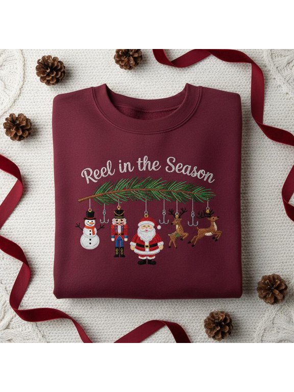 Reel in the Season Embroidered Sweatshirt, Fishing Christmas Sweater, Holiday Fisherman Crewneck, Santa Nutcracker Embroidery Gift