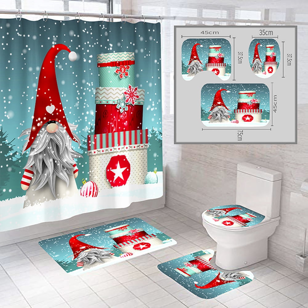 Gnome Shower Curtain Set For Bathroom, Merry Christmas Holiday Shower Curtain, Rustic Farmhouse