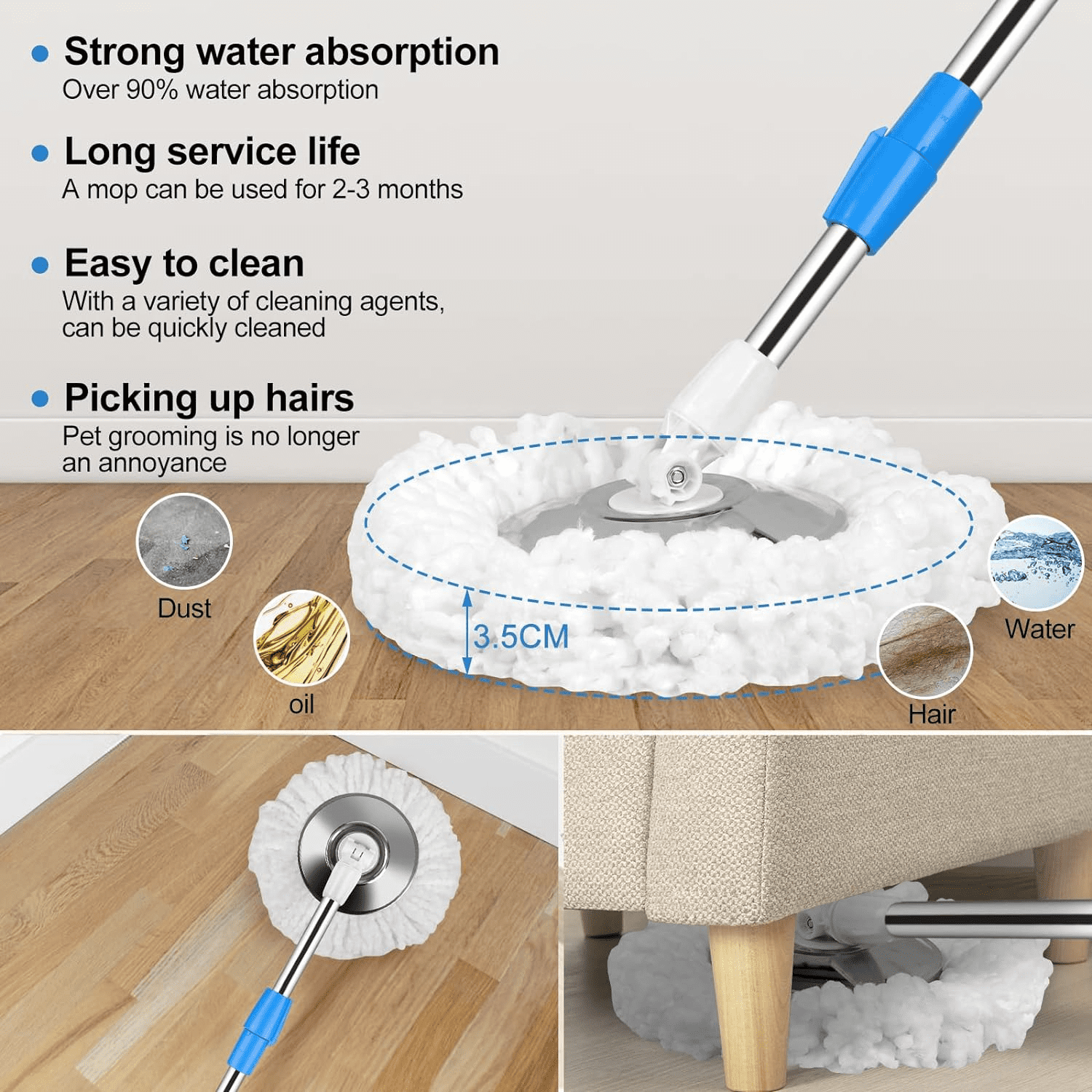 Mop Buckets Set for Floor Cleaning 360° Spin Wringer Separate Dirty Water  with 3 Replaceable Microfiber Mop Head Wet and Dry Suitable for Office and