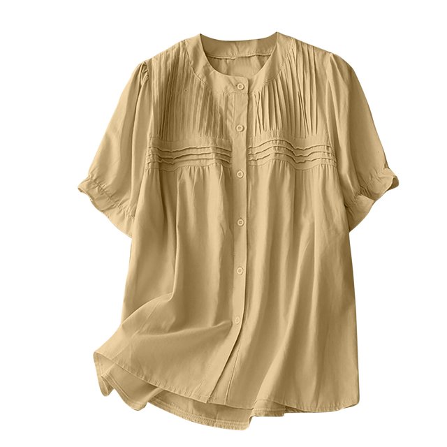 Mrat Sleeve Blouses Tunic Chemise à Col Rond en Coton et Lin Uni pour Femmes, Décontractée et Polyvalente, à Manches Courtes, Chandail à Manches Courtes pour Femmes P-16 Kaki G