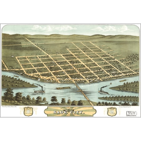 24"x36" Gallery Poster, Birdseye view map of Sauk City, Sauk County, Wisconsin 1870
