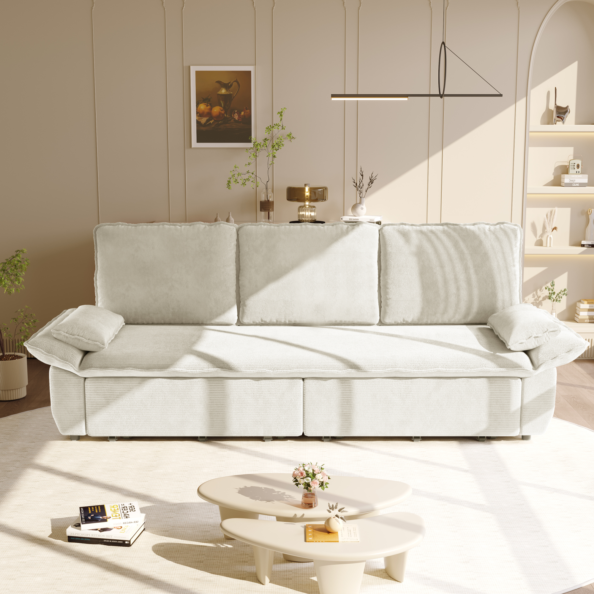 Leumius 94.5" Pull Out Sofa, King Size 3-in-1 Convertible Sleeper Sofa Bed, Multi-Functional Corduroy Bed for Living Room Bedroom White