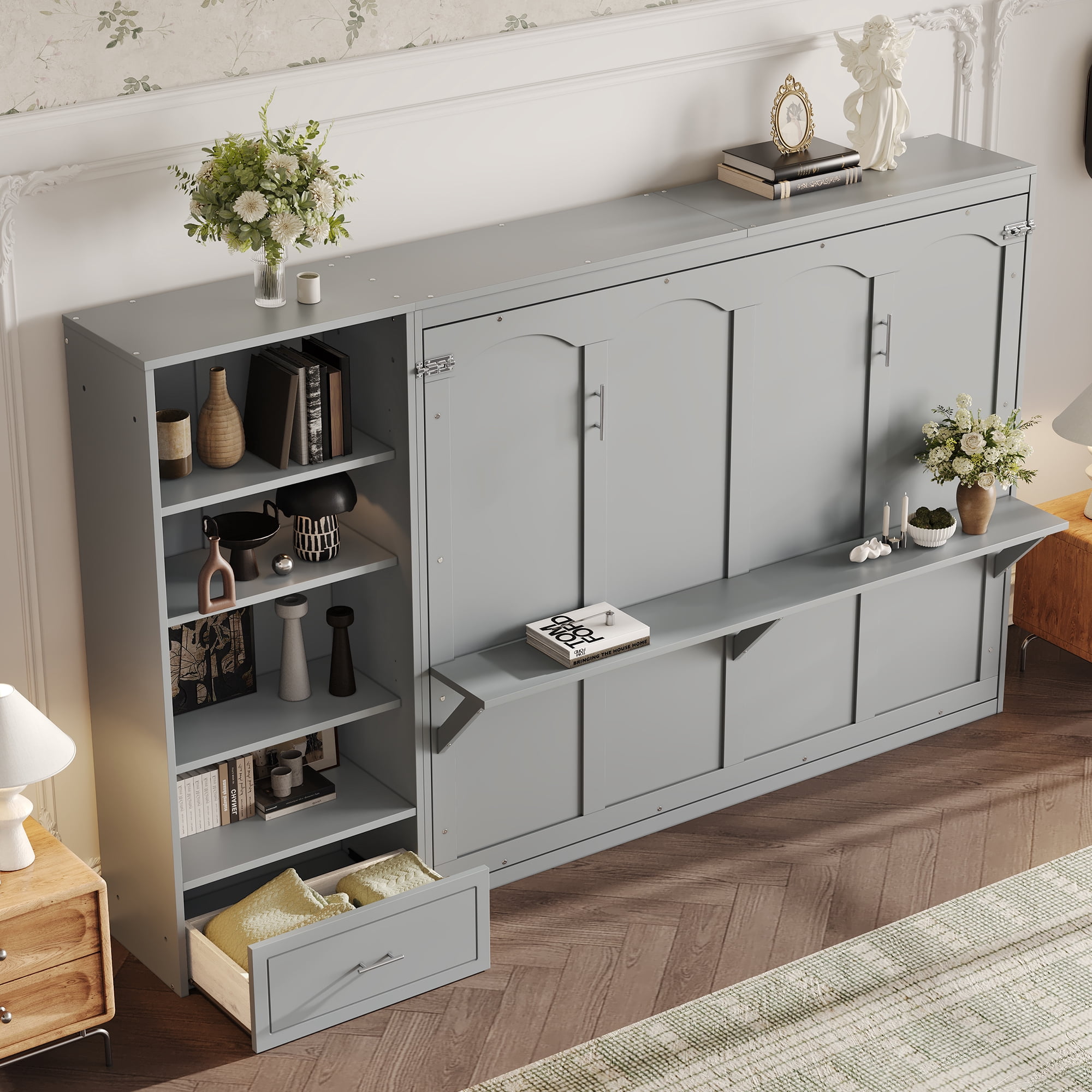 Mintazer Queen Murphy Bed with Reversible Storage Cabinet, Multifunctional Foldable Platform Bed with Adjustable Shelves & Drawer for Guest Room Bedroom, Gray