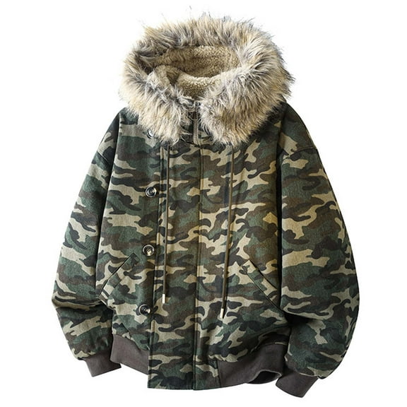 Camo Zip Up Hoodie Men Fleece Line Winter Warm Button Streetwear Jacket Fuzzy Side Hooded Military Combat Camouflage Coat Size-L