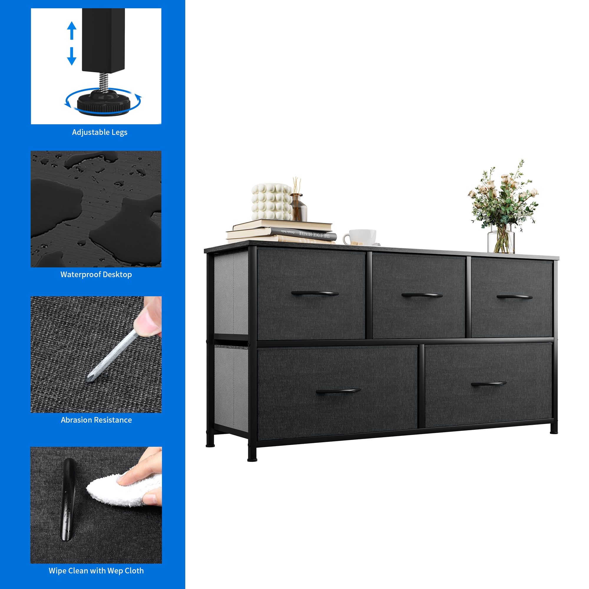 Uforic 5-Drawer Fabric Dresser for Adults with Wood Top for Bedroom, Living Room, Hallway, Black