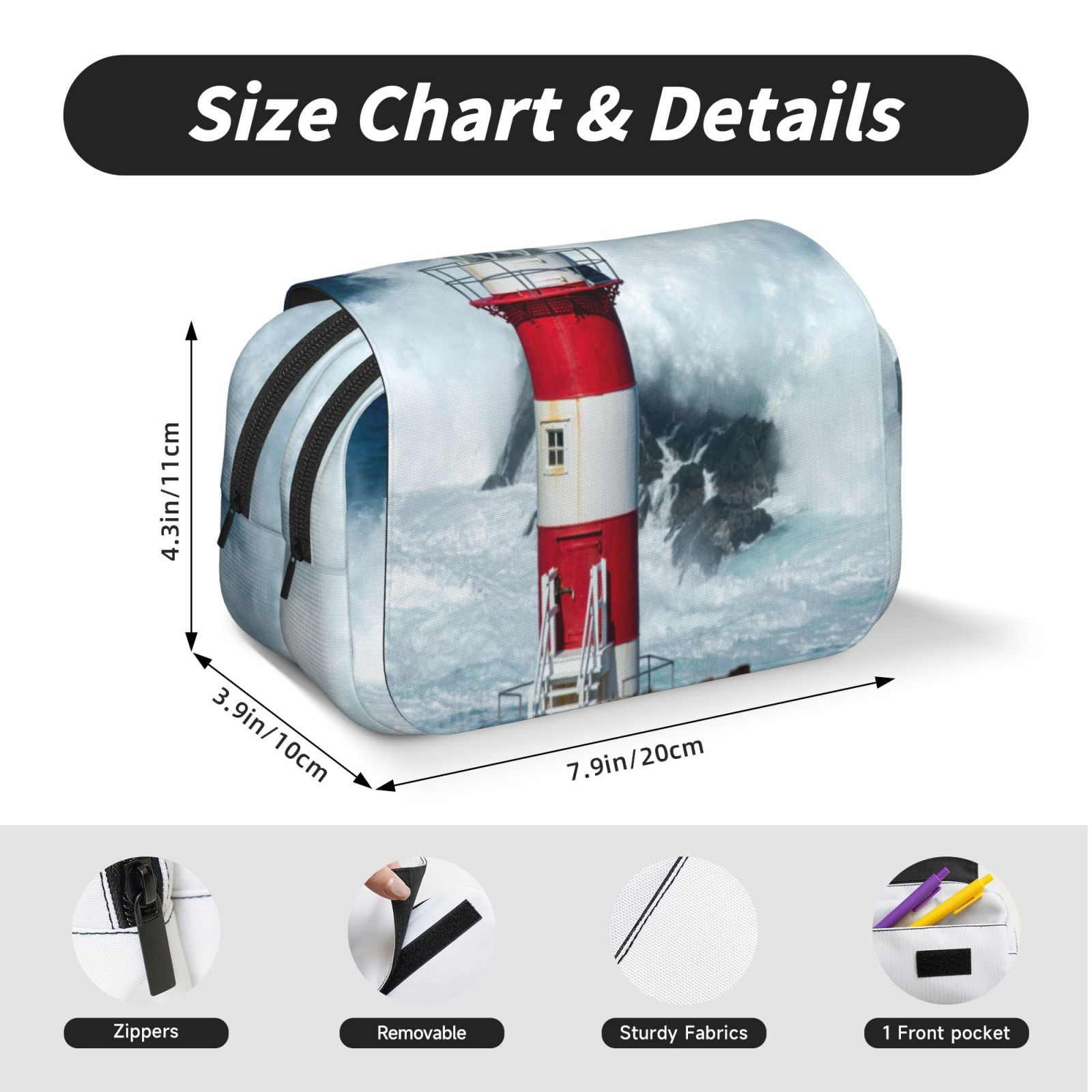 Rateoe Circular Lighthouse Pattern Double Clamshell Pen Case, Storage Organizer with Two Zipper Compartments– Holds Up to 50 Pencils & Pens