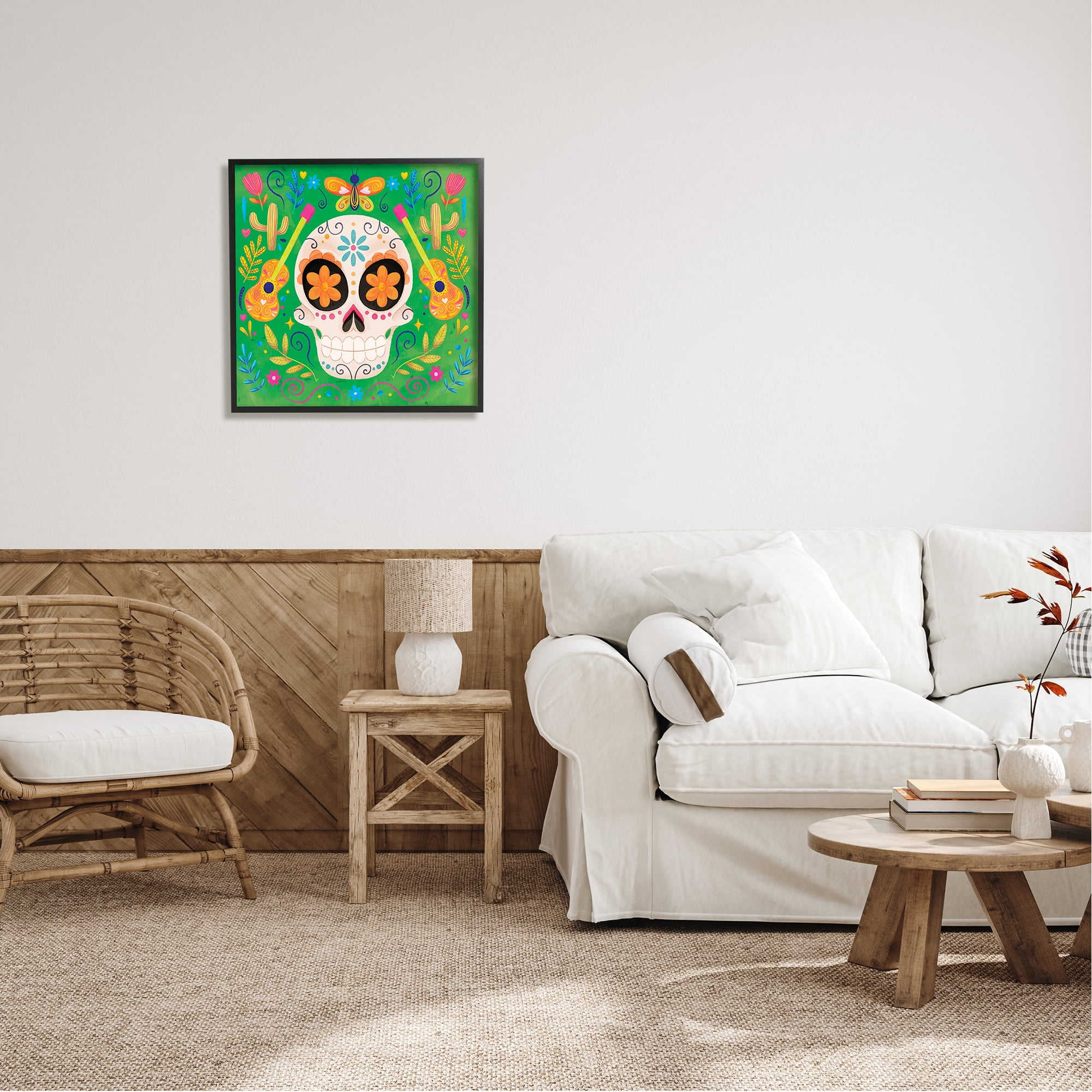 Stupell Industries Floral Day Of Dead Guitar Skull Holiday Painting Black Framed Art Print Wall Art