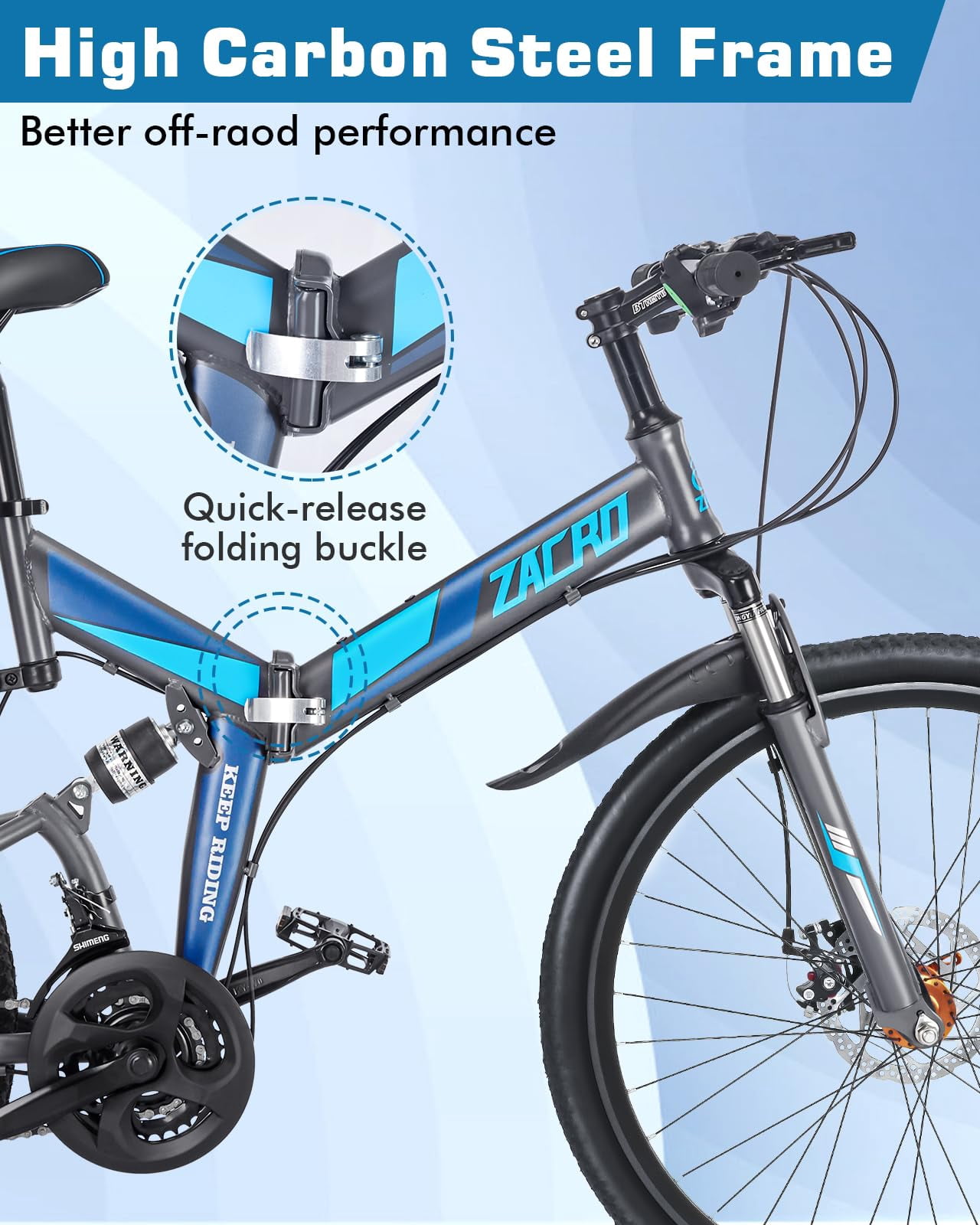 Zacro 26 inch Folding Mountain Bike for Adults, 24 Speed Carbon Fiber Wheels MTB Bicycle, Blue