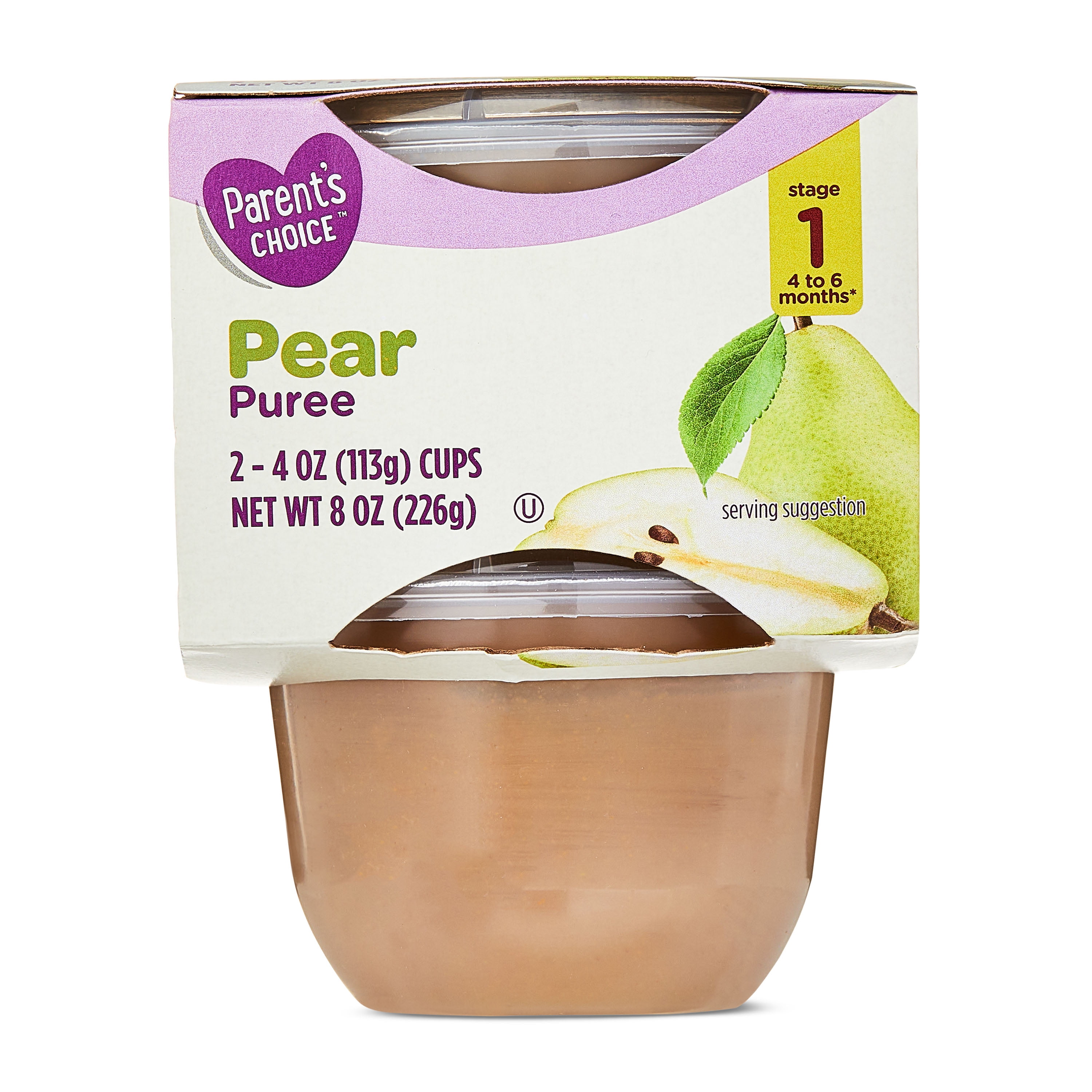 (6 pack) Parent's Choice Stage 1 Baby Food Pear , 4 oz Cups, 2 Count