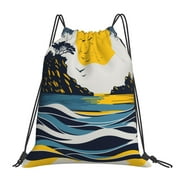 TEQUAN Drawstring Backpack Sports Gym Sackpack, Cartoon Ocean Beach Rocks Prints Polyester Water Resistant String Bag for Women Men