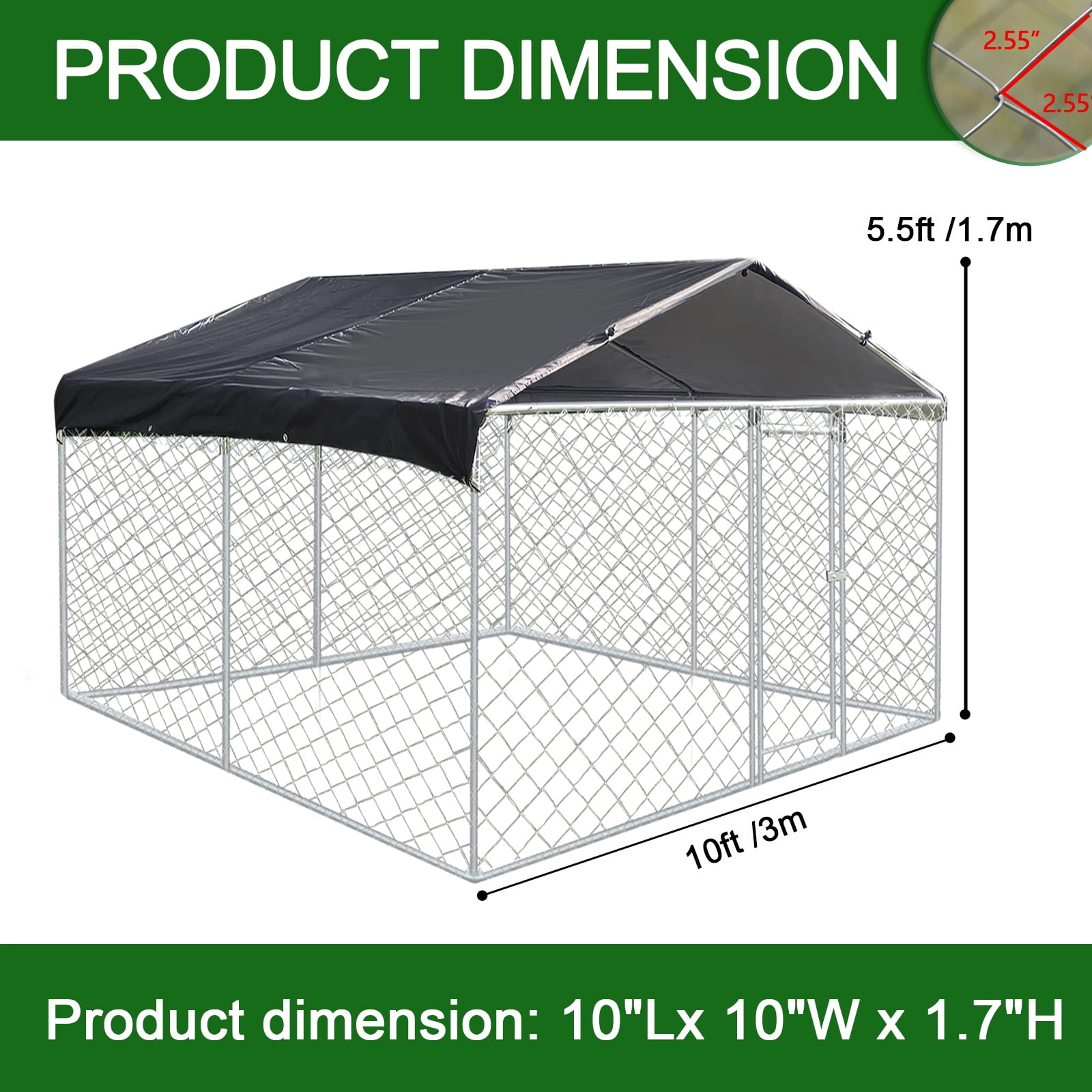 Yamissi 10'x10' Large Outdoor Dog Kennel with Metal Dog Gate, Outside Dog Enclosure with Roof, Heavy Duty Dog Kennel for Backyard Farm